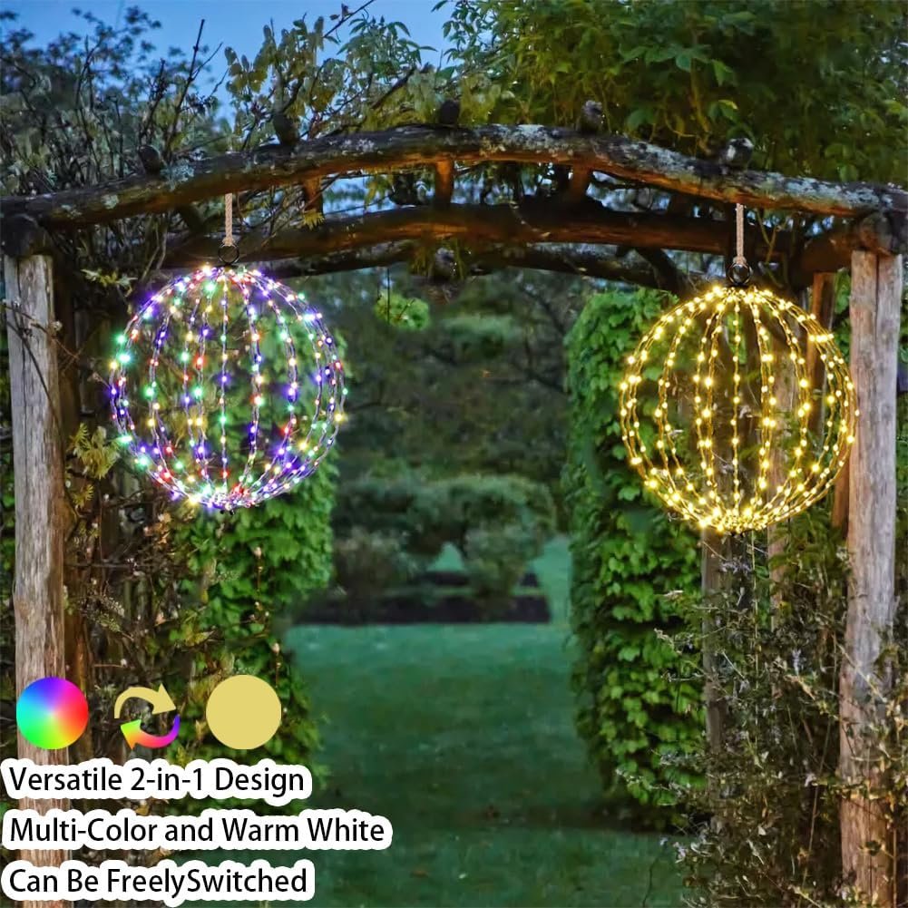 Outdoor Hanging Lighted Sphere, Christmas Decoration Light Balls, 2 in 1 Warm White and Multicolor Chandelier, 208 LED 16 Large Iron Frame Foldable Globe for Patio Tree Gazebo Decor-2Pack