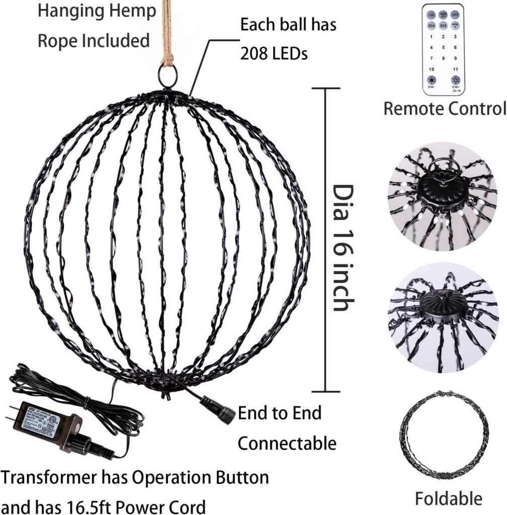 Outdoor Hanging Lighted Sphere, Christmas Decoration Light Balls, 2 in 1 Warm White and Multicolor Chandelier, 208 LED 16 Large Iron Frame Foldable Globe for Patio Tree Gazebo Decor-2Pack