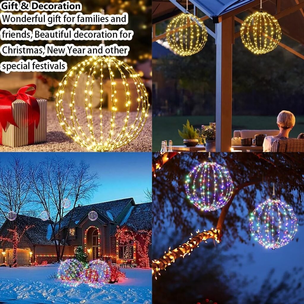 Outdoor Hanging Lighted Sphere, Christmas Decoration Light Balls, 2 in 1 Warm White and Multicolor Chandelier, 208 LED 16 Large Iron Frame Foldable Globe for Patio Tree Gazebo Decor-2Pack