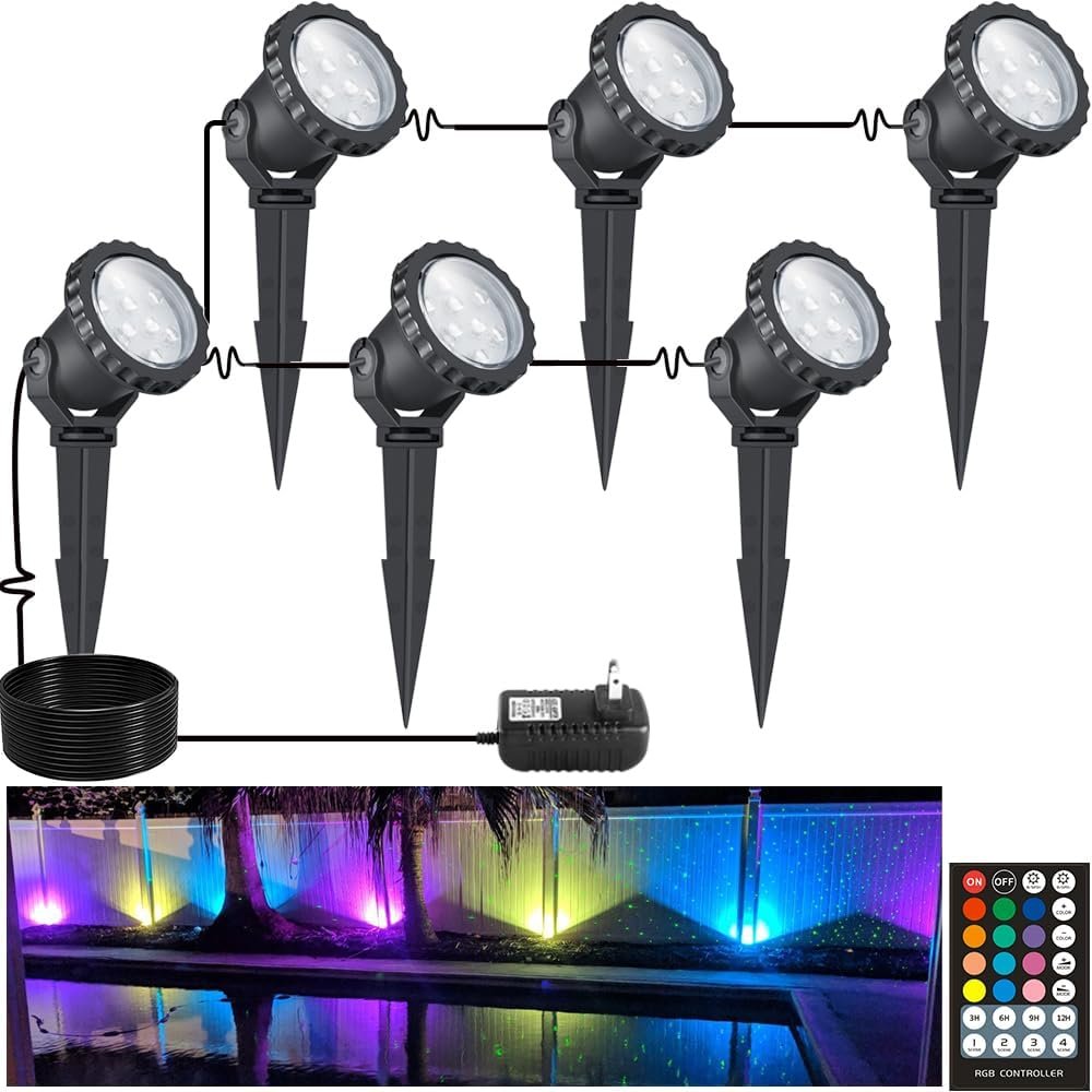 Spotlights Outdoor, 18W 800lm RGB Color Changing Landscape Lights 110V Plug in LED Spot Lights with Remote, IP66 Waterproof Outdoor Lights for Tree Yard House, 66.2ft Cord, UL Listed, 6 Pack