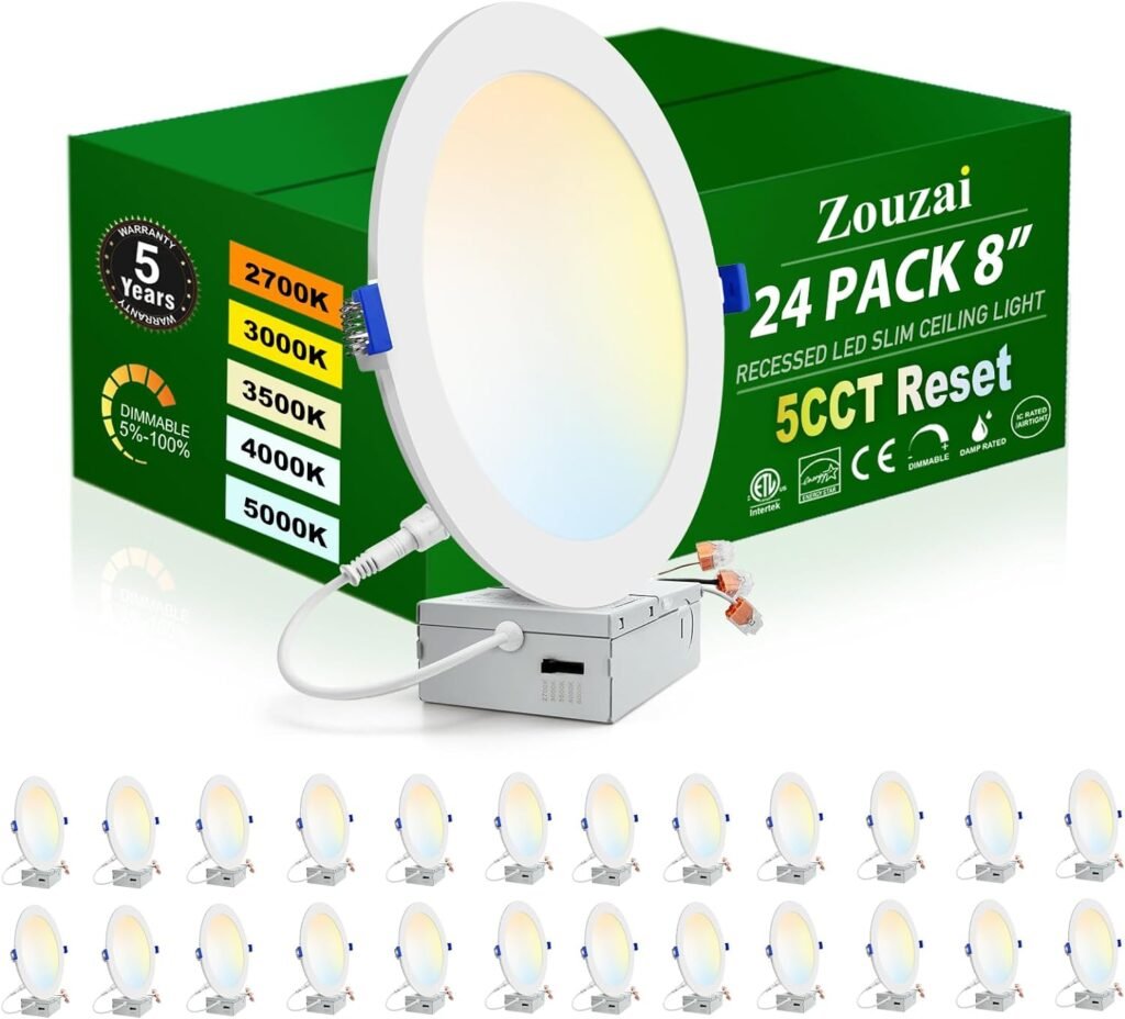 zouzai 24 Pack 6 Inch Ultra-Thin LED Recessed Ceiling Light with Junction Box 5CCT Adjustable Dimmable Can-Killer Downlight - ETL and Energy Star Certified (24 Pack,5CCT, 6 Inch)