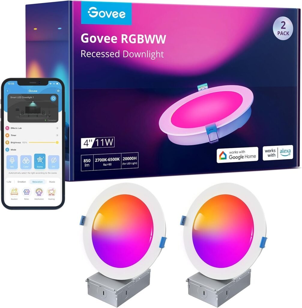 Govee Smart Recessed Lighting 4 Inch, Wi-Fi Bluetooth Direct Connect RGBWW LED Downlight, 65 Scene Mode, Work with Alexa  Google Assistant, LED Recessed Lighting with Junction Box, 850 Lumen, 2 Pack