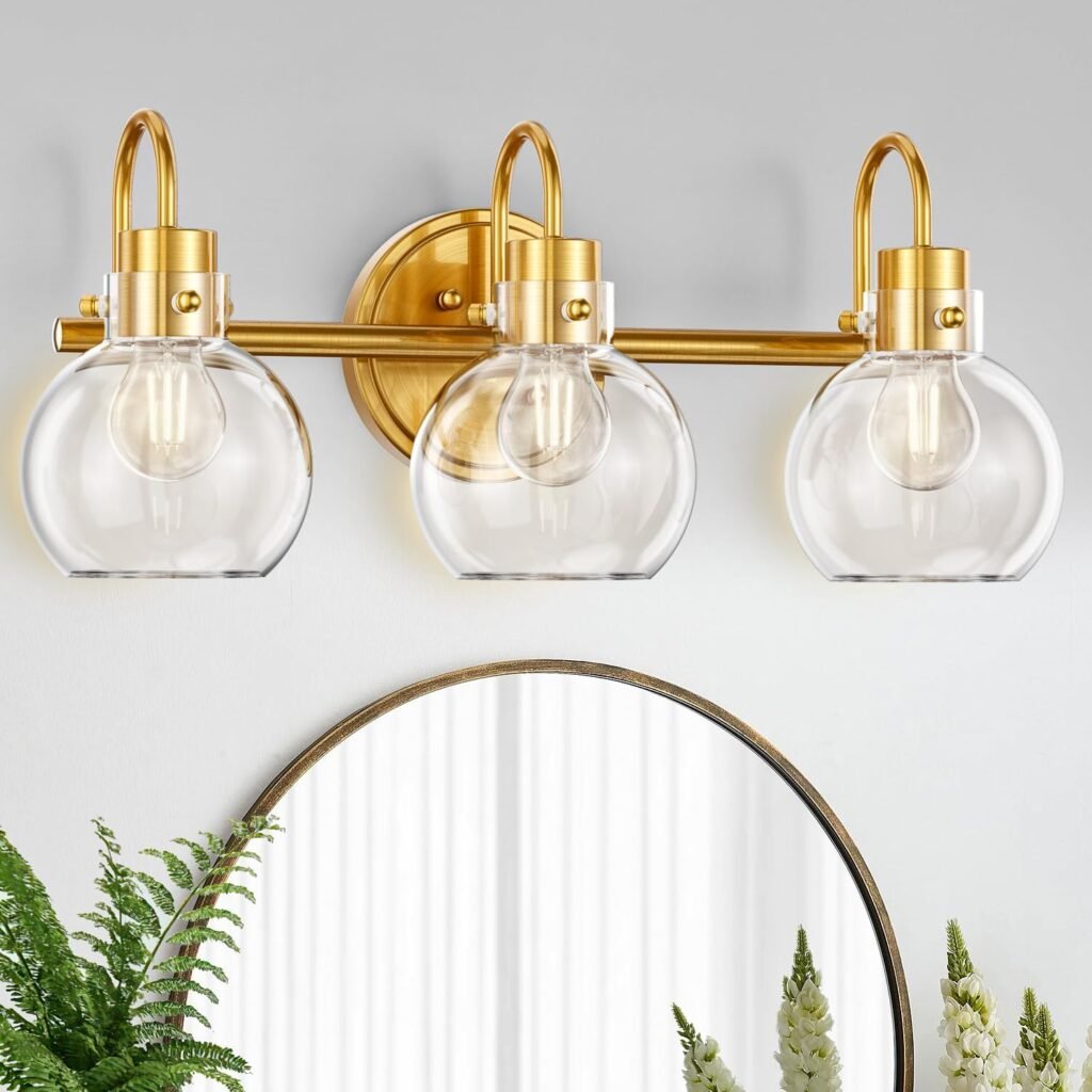 3-Light Vanity Light, Brushed Brass Bathroom Light Fixtures, Farmhouse Wall Sconces with Globe Clear Glass Shade, Porch Wall Mount Lamp for Mirror, Kitchen, Porch, Living Room, Workshop (E26 Base)