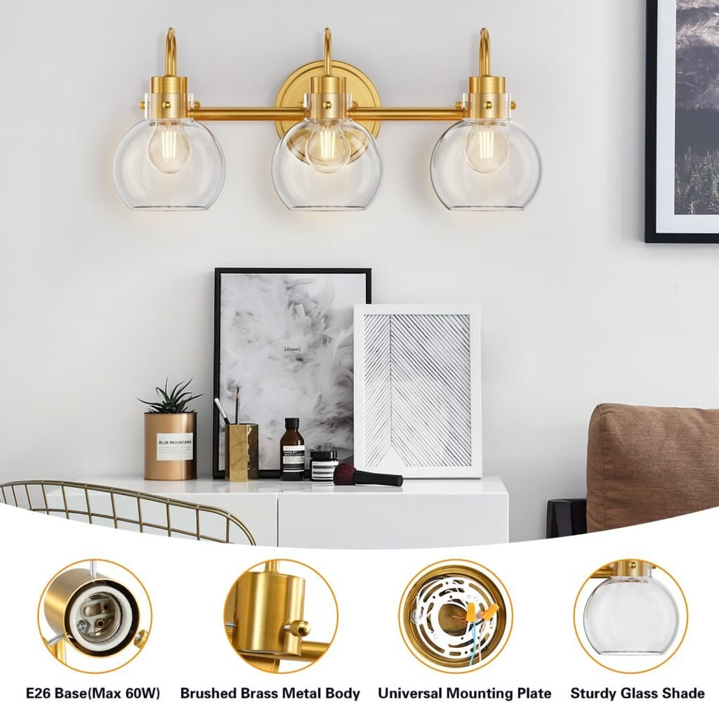 3-Light Vanity Light, Brushed Brass Bathroom Light Fixtures, Farmhouse Wall Sconces with Globe Clear Glass Shade, Porch Wall Mount Lamp for Mirror, Kitchen, Porch, Living Room, Workshop (E26 Base)