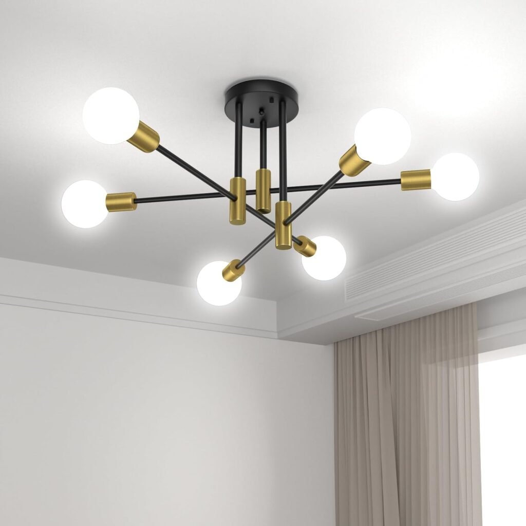 6-Lights Black Gold Semi Flush Mount Ceiling Light Fixture, Modern Mid Century Sputnik Chandelier, Farmhouse Ceiling Mount Lighting Fixtures for Living Room Dining Room Kitchen Chandelier