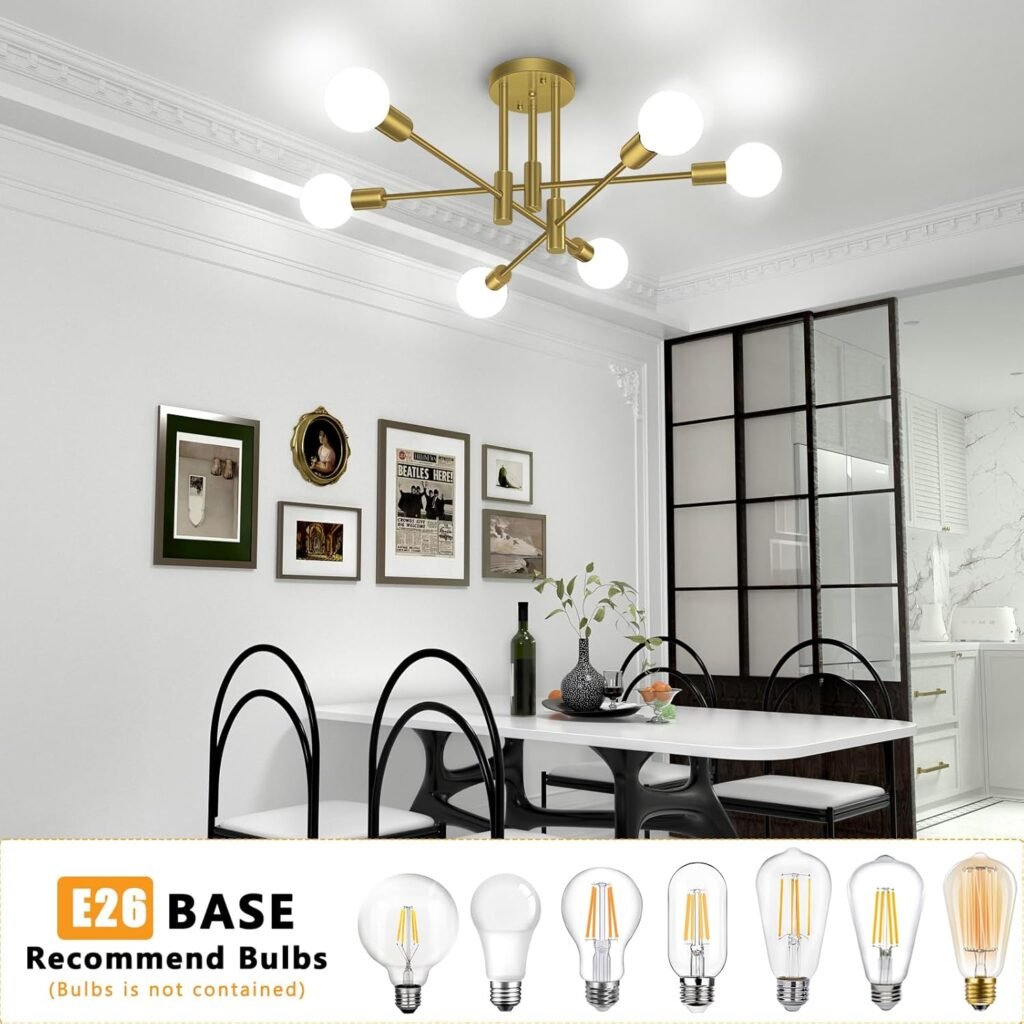 6-Lights Black Gold Semi Flush Mount Ceiling Light Fixture, Modern Mid Century Sputnik Chandelier, Farmhouse Ceiling Mount Lighting Fixtures for Living Room Dining Room Kitchen Chandelier