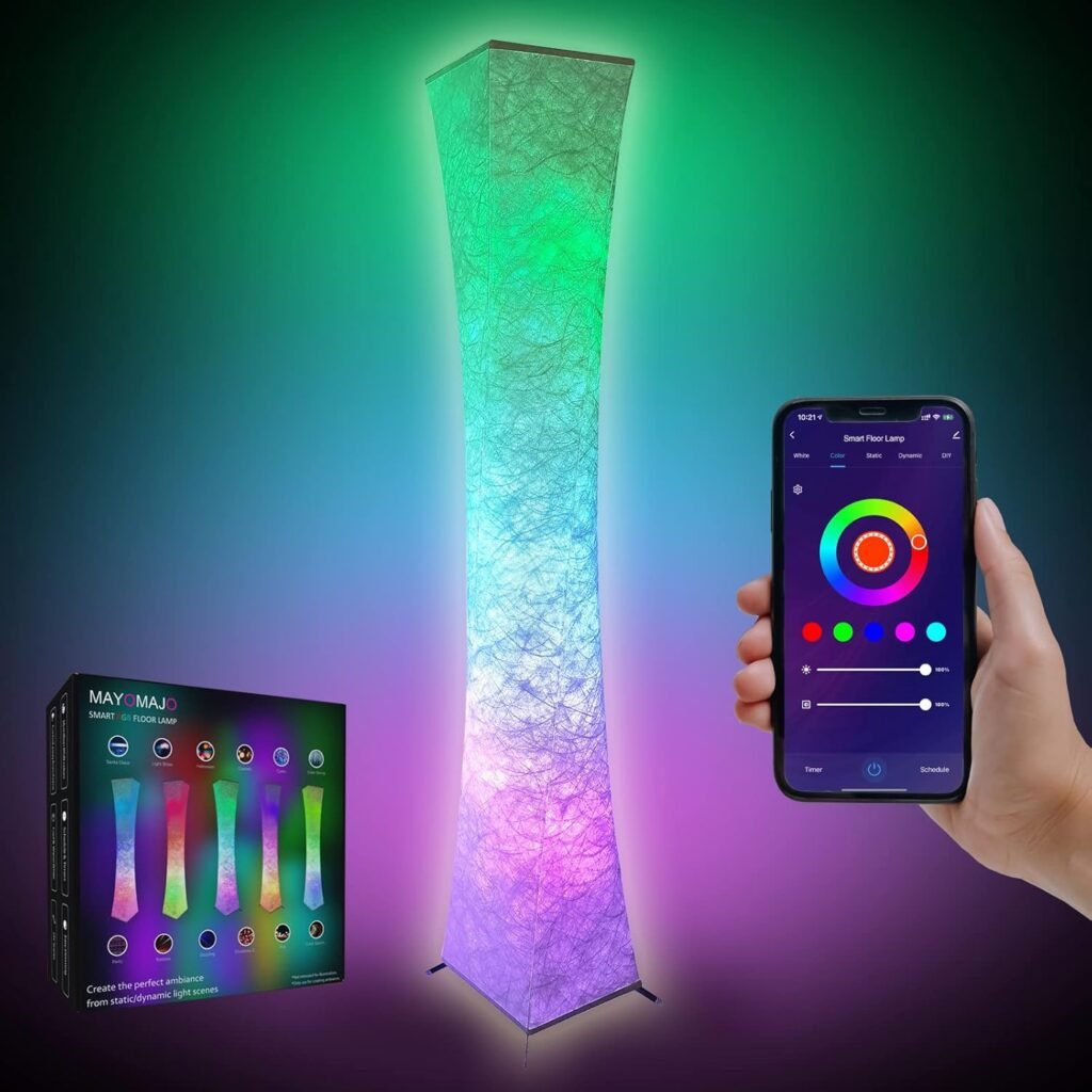 61 Inch Smart Floor Lamp, Soft Light RGB Color Changing, Voice Control, Compatible with Alexa  Google Home, Music Sync Mood Lighting for Living Room Bedroom Party Decor