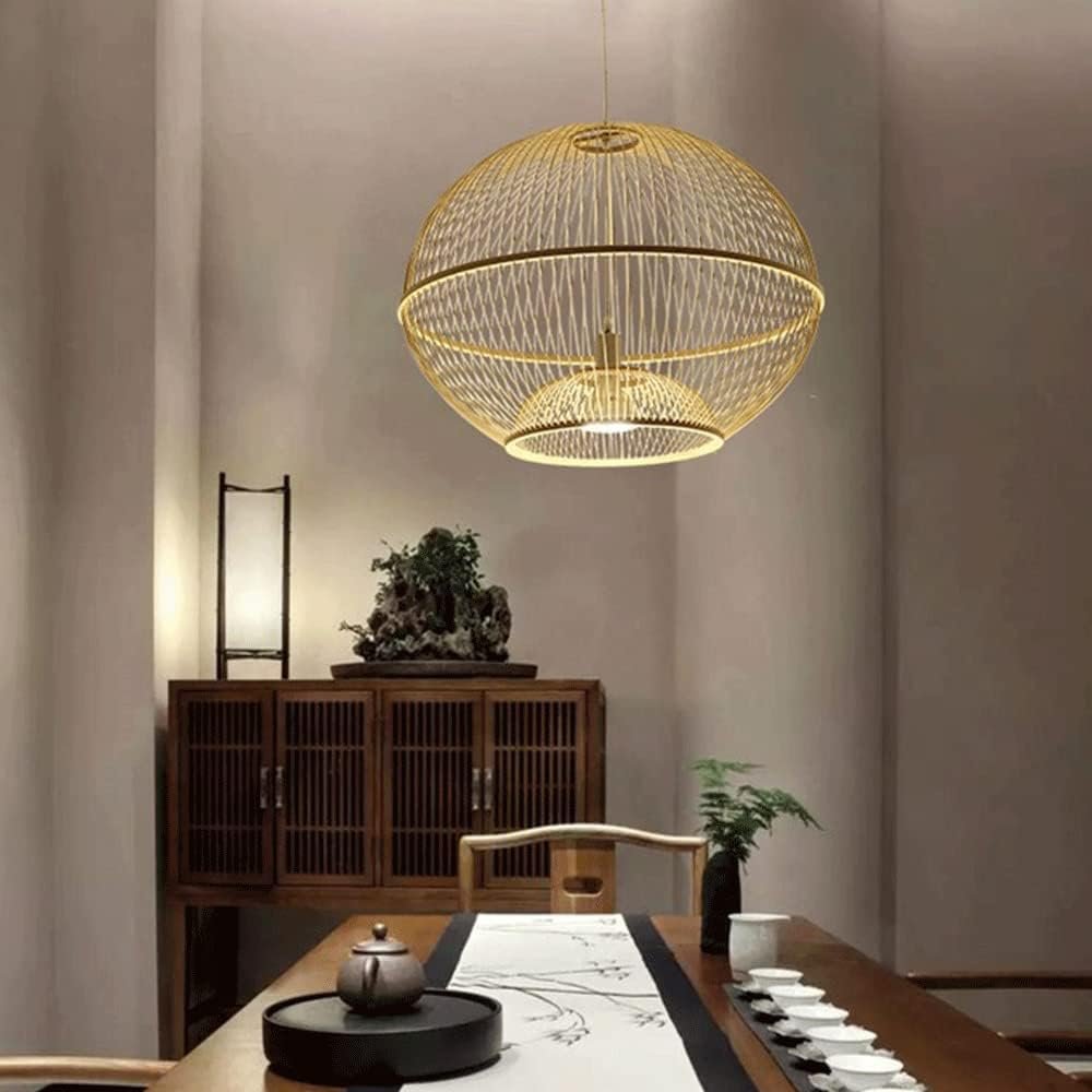 Bamboo Cage Farmhouse Hanging Light Japanese Hollow Pendant Lighting Fixture Primitive Interior Suspension Lights Classical Minimalism Ceiling Chandelier for Teahouse Dining Foyer Study Room