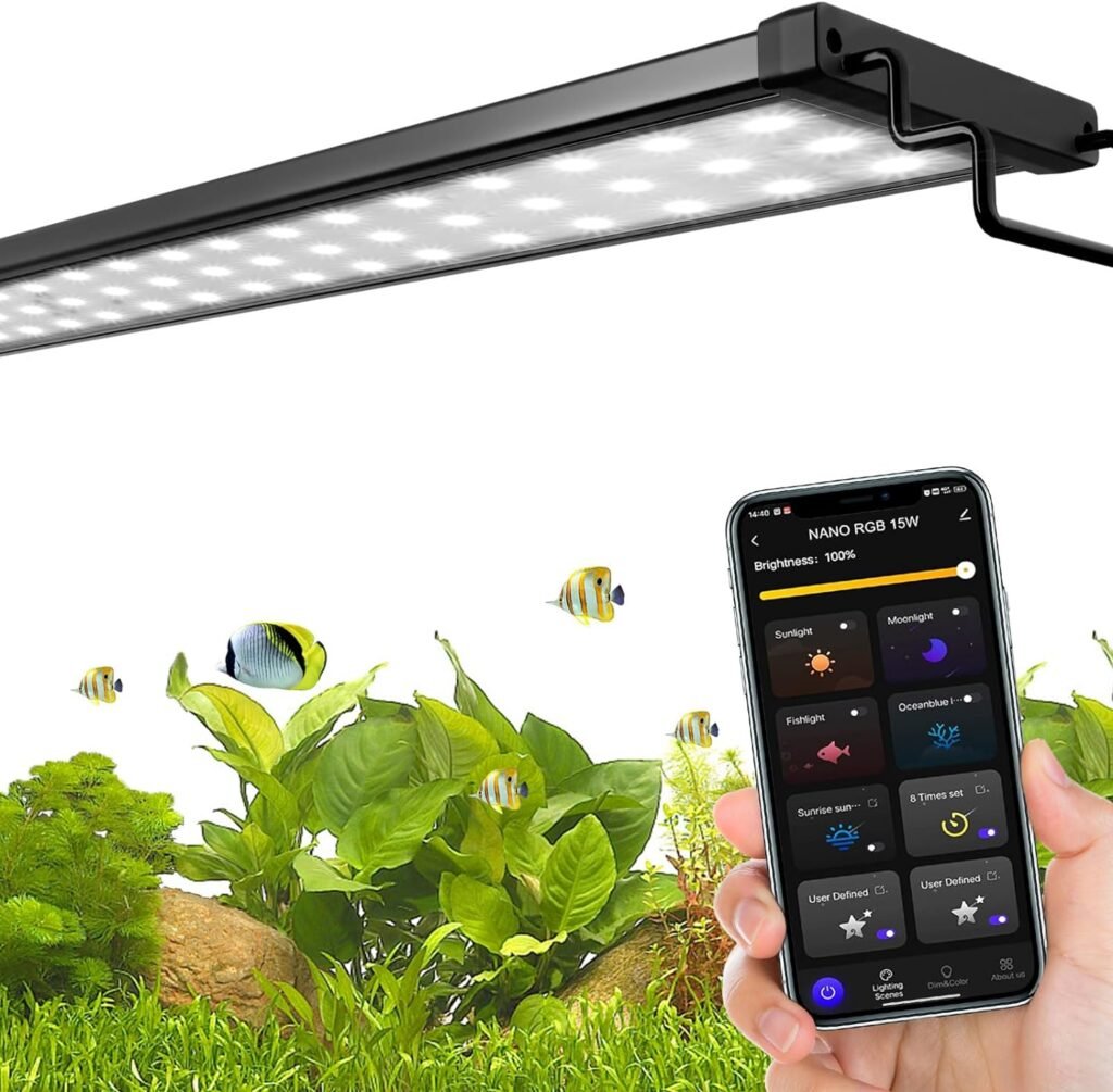 Smart Aquarium Light, LED Light App Control, Full Spectrum Fish Tank Light with 24/7 Lighting Cycle, 5 Modes,8 Timer Color Adjustable Freshwater Plant Tank Light(25W for 10 Gallons Tank)