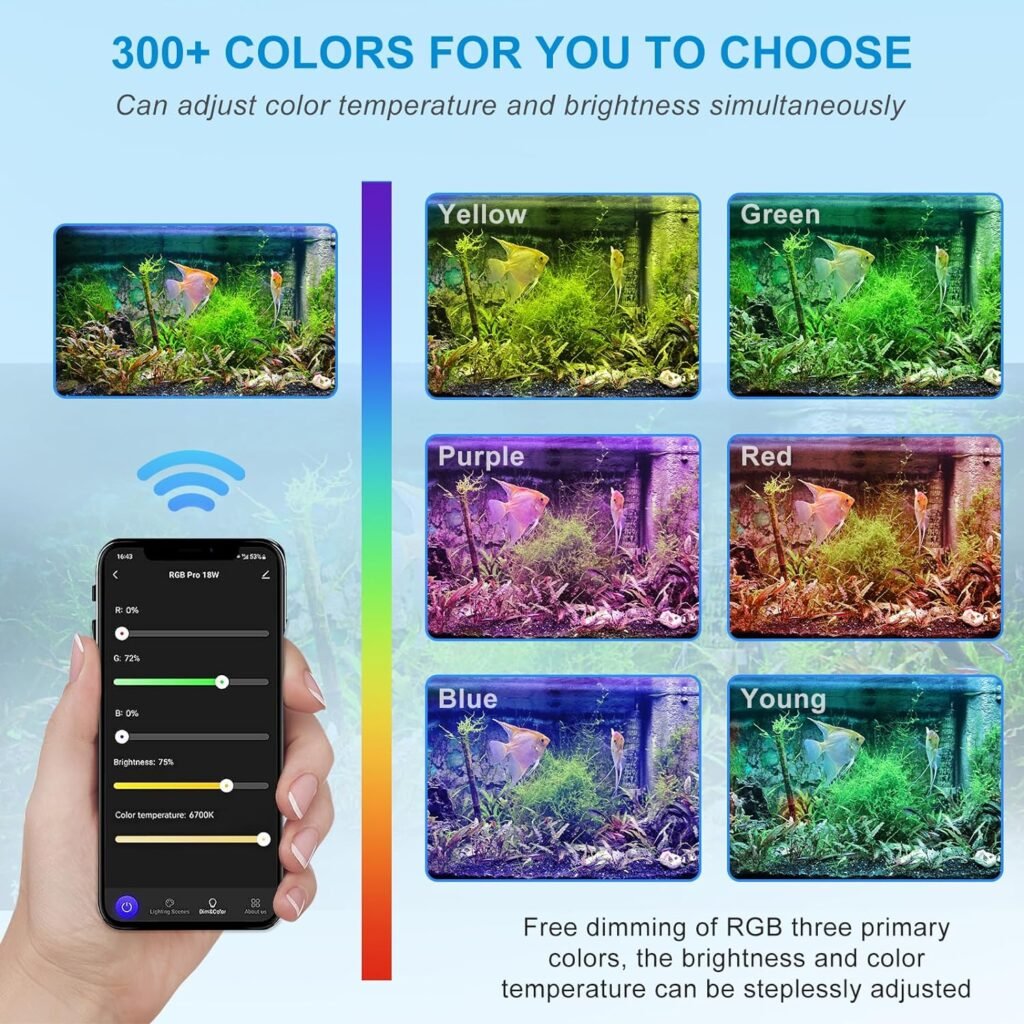 Smart Aquarium Light, LED Light App Control, Full Spectrum Fish Tank Light with 24/7 Lighting Cycle, 5 Modes,8 Timer Color Adjustable Freshwater Plant Tank Light(25W for 10 Gallons Tank)