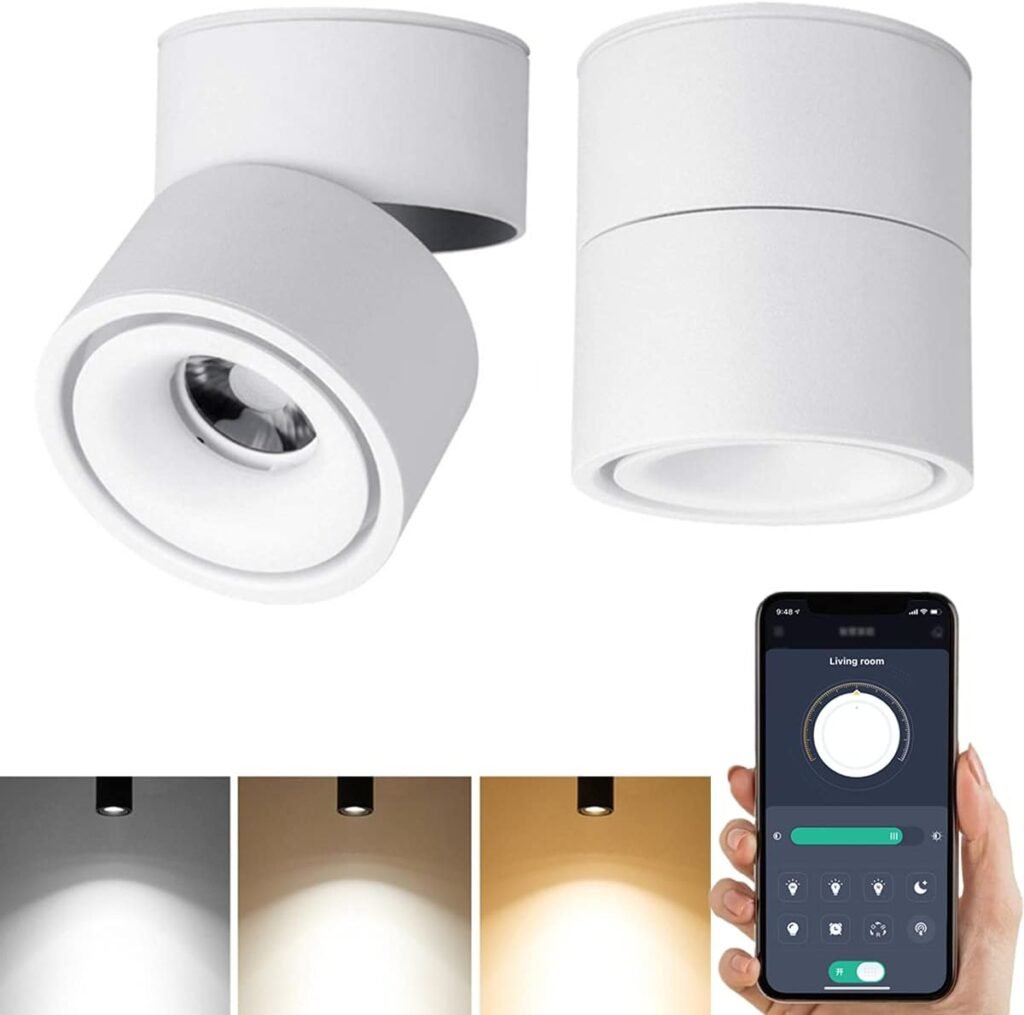 Smart LED Dimmable Ceiling Spotlight - 360°Adjustable Indoor Surface Mounted 10W COB Lighting -Stepless Dimming Warm Light 3000K to Cool White 6000K Ceiling Downlight-Wall Swivel Lamp (White)