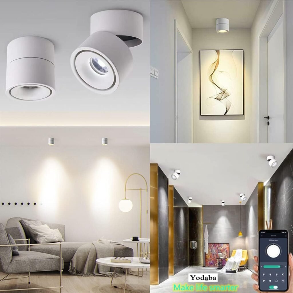 Smart LED Dimmable Ceiling Spotlight - 360°Adjustable Indoor Surface Mounted 10W COB Lighting -Stepless Dimming Warm Light 3000K to Cool White 6000K Ceiling Downlight-Wall Swivel Lamp (White)