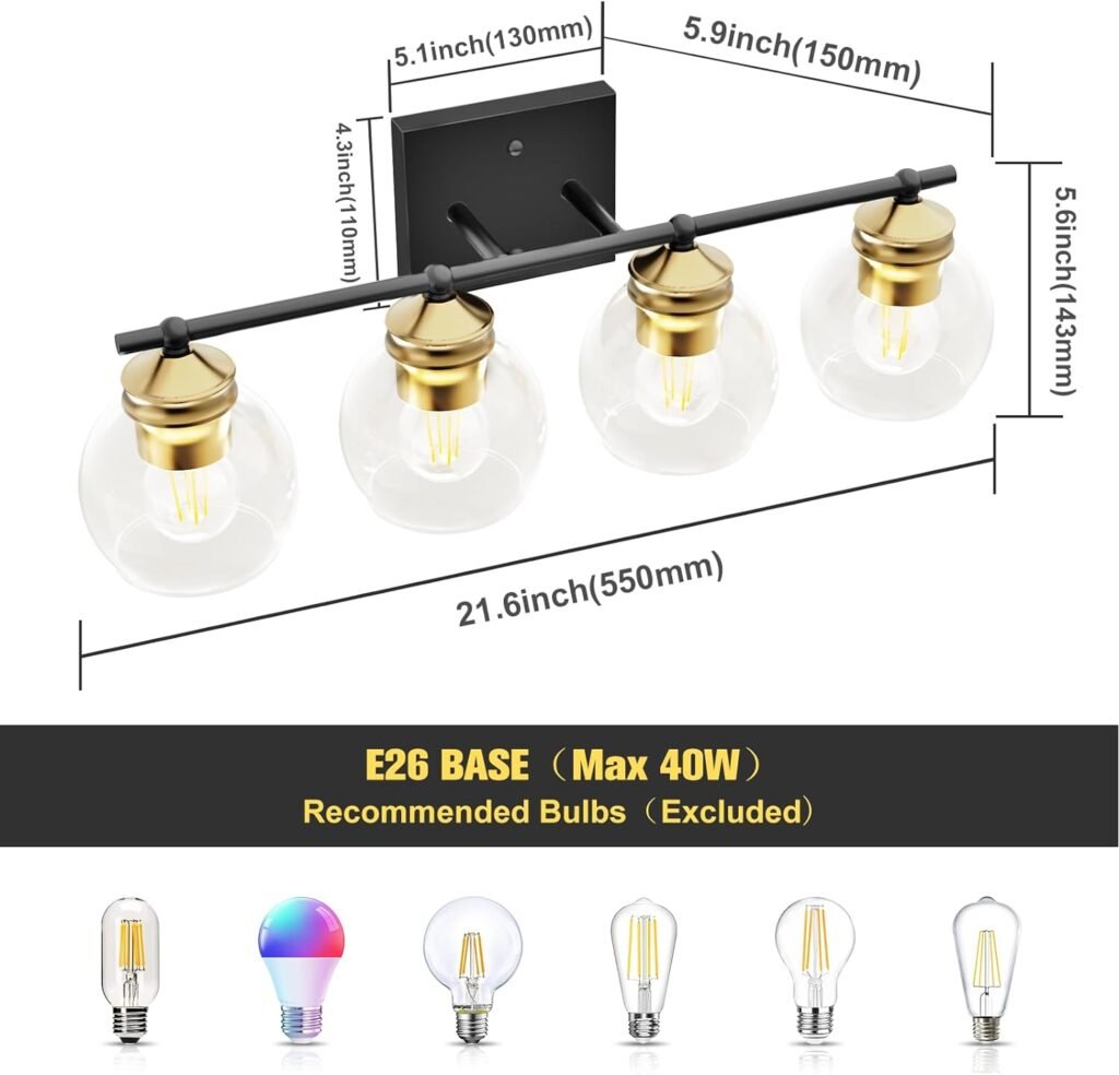 VOLISUN 4 Light Black and Gold Bathroom Light Fixtures, Bathroom Light Fixtures with Ball Glass Shade and E26 Base, Modern Bathroom Lights Over Mirror, Gold Vanity Lights for Bathroom-UL Listed